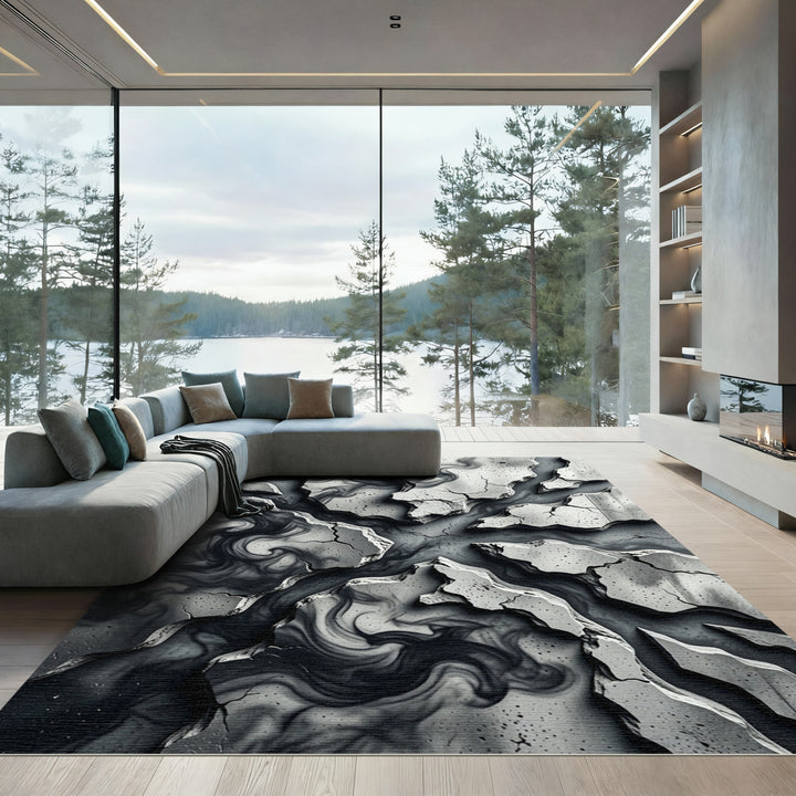 Abstract Gray Smoke Cracks Rug