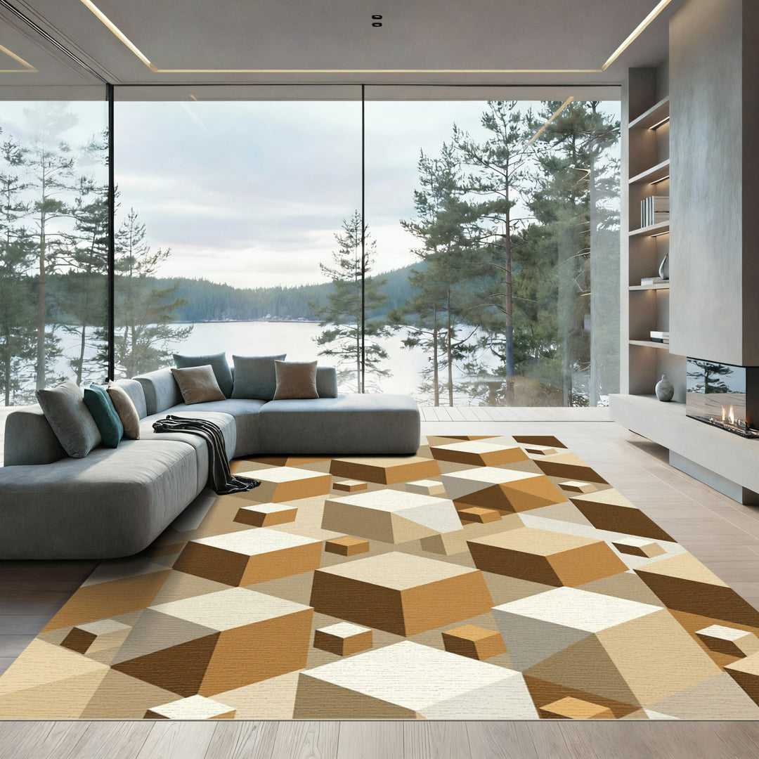 Brown Geometric Cube Tessellation Rug