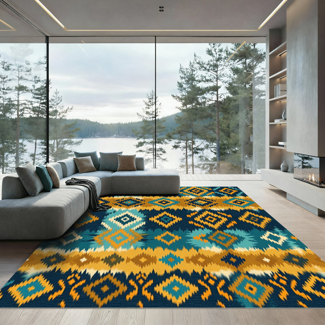 Tribal Blue Orange Geometric Diamond Rug