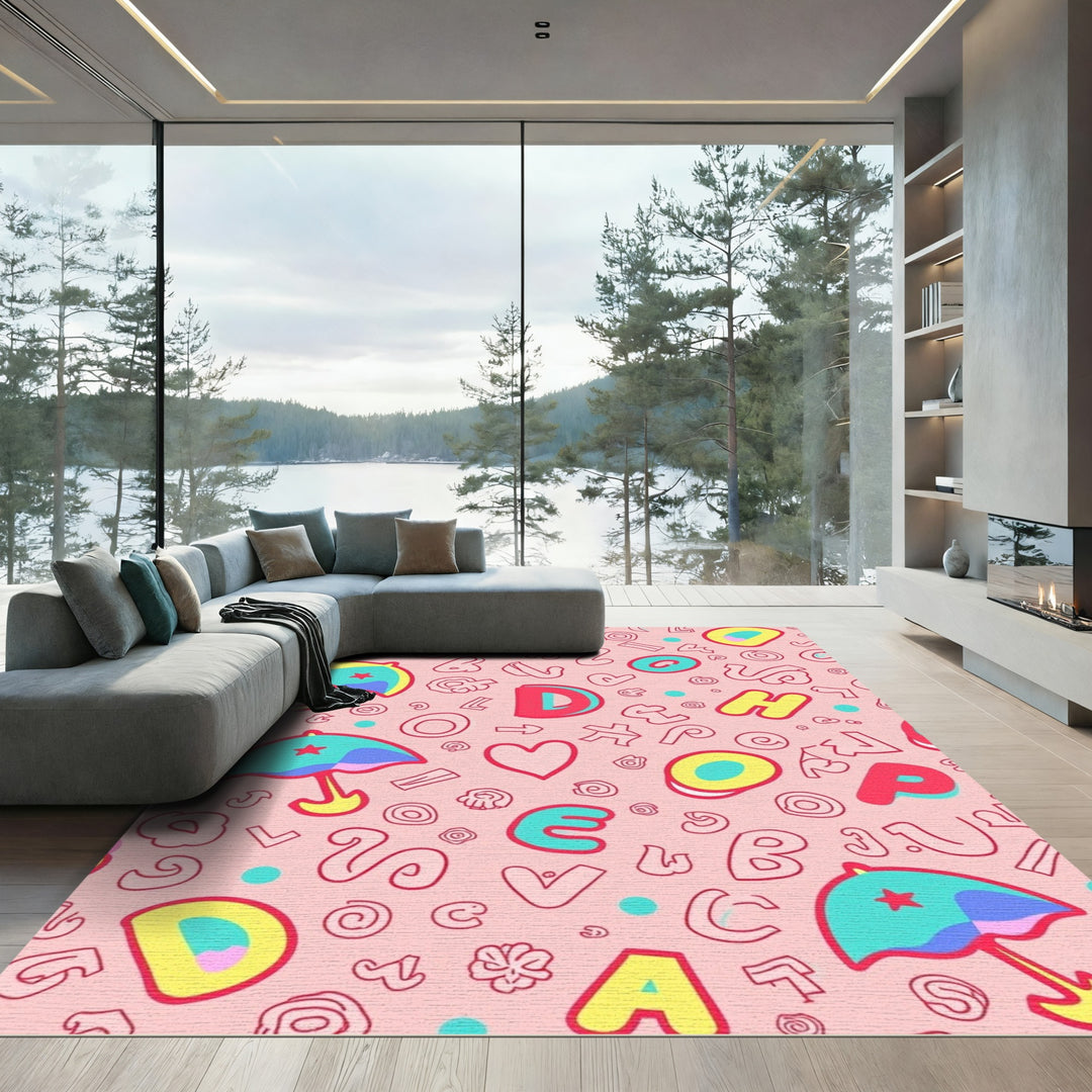 Playful Alphabet Hearts Umbrellas Rug