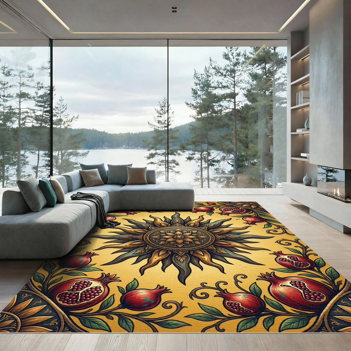 Golden Sun Pomegranate Floral Border Rug