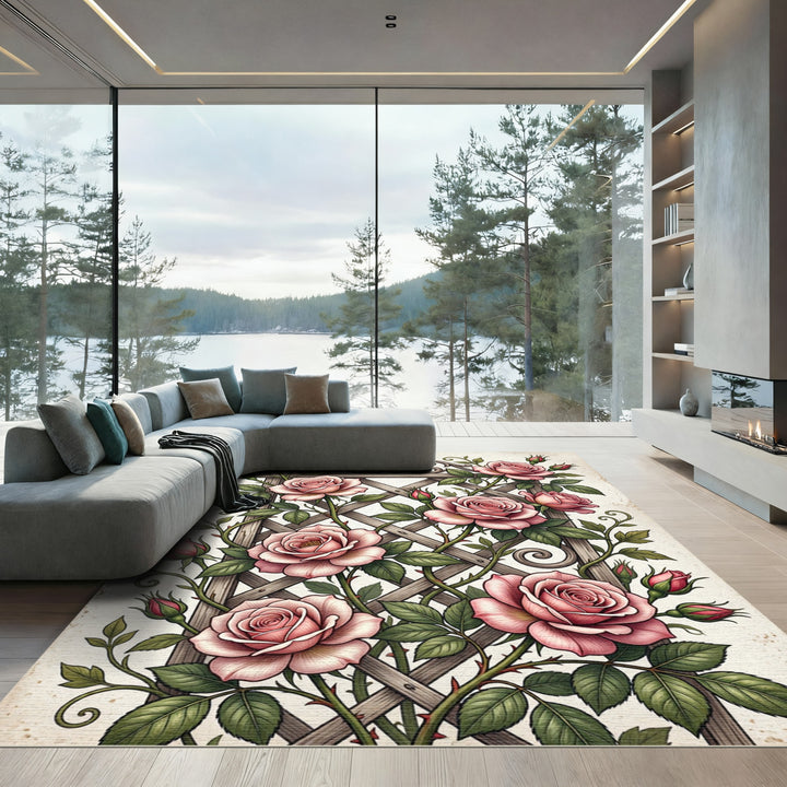 Vintage Pink Rose Garden Lattice Rug