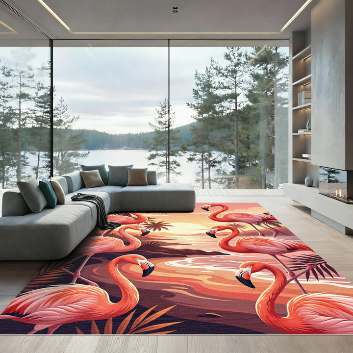 Tropical Flamingo Paradise Sunset Scene Rug