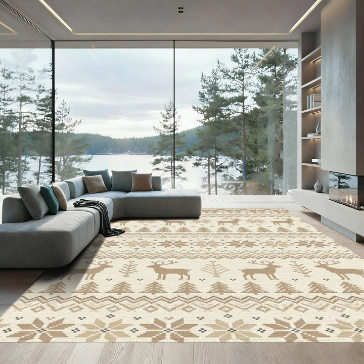 Neutral Taupe Deer Forest Jacquard Fabric Rug