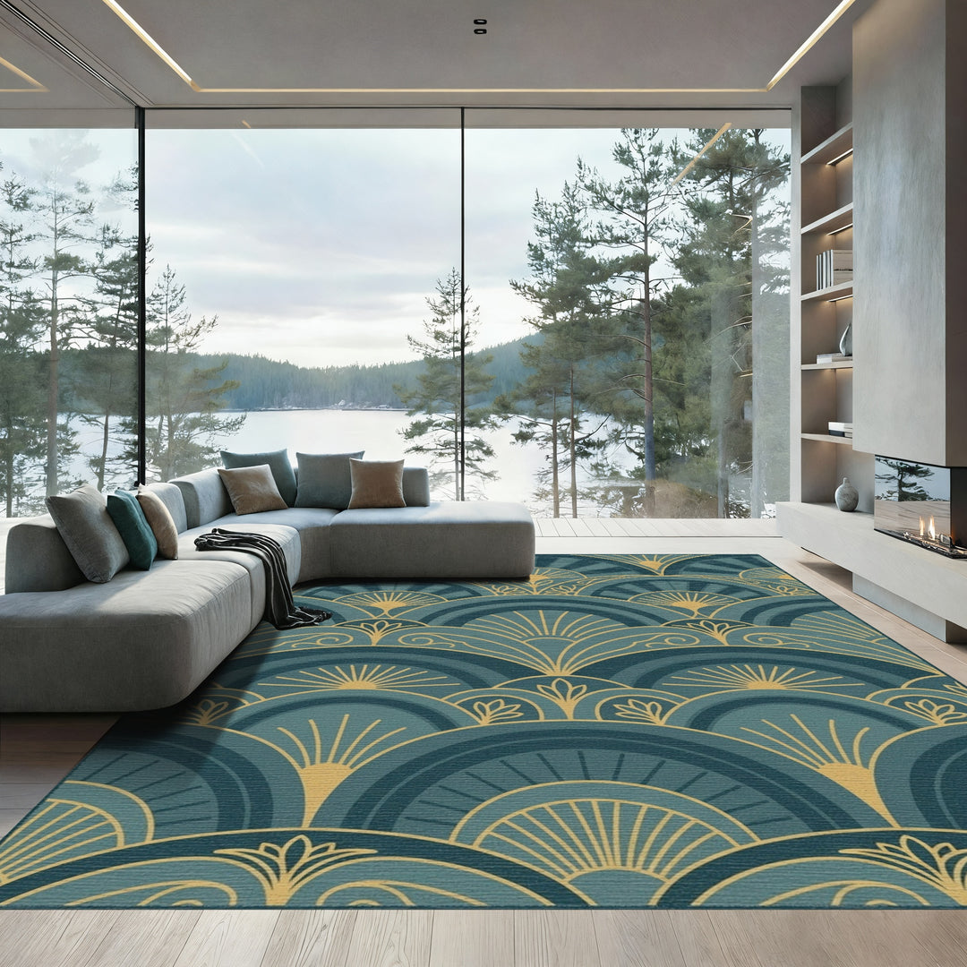Art Deco Teal Gold Sunburst Waves Rug