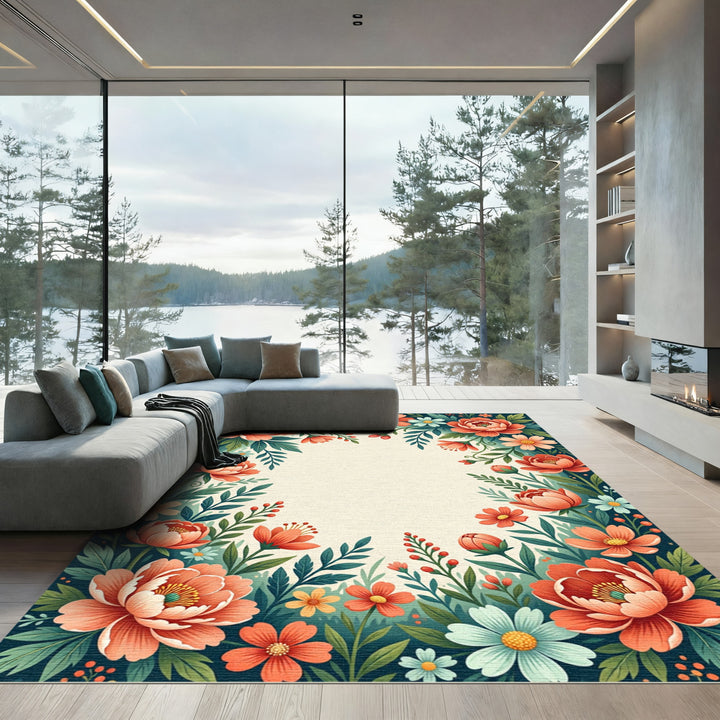 Coral Peony Garden Border Rug