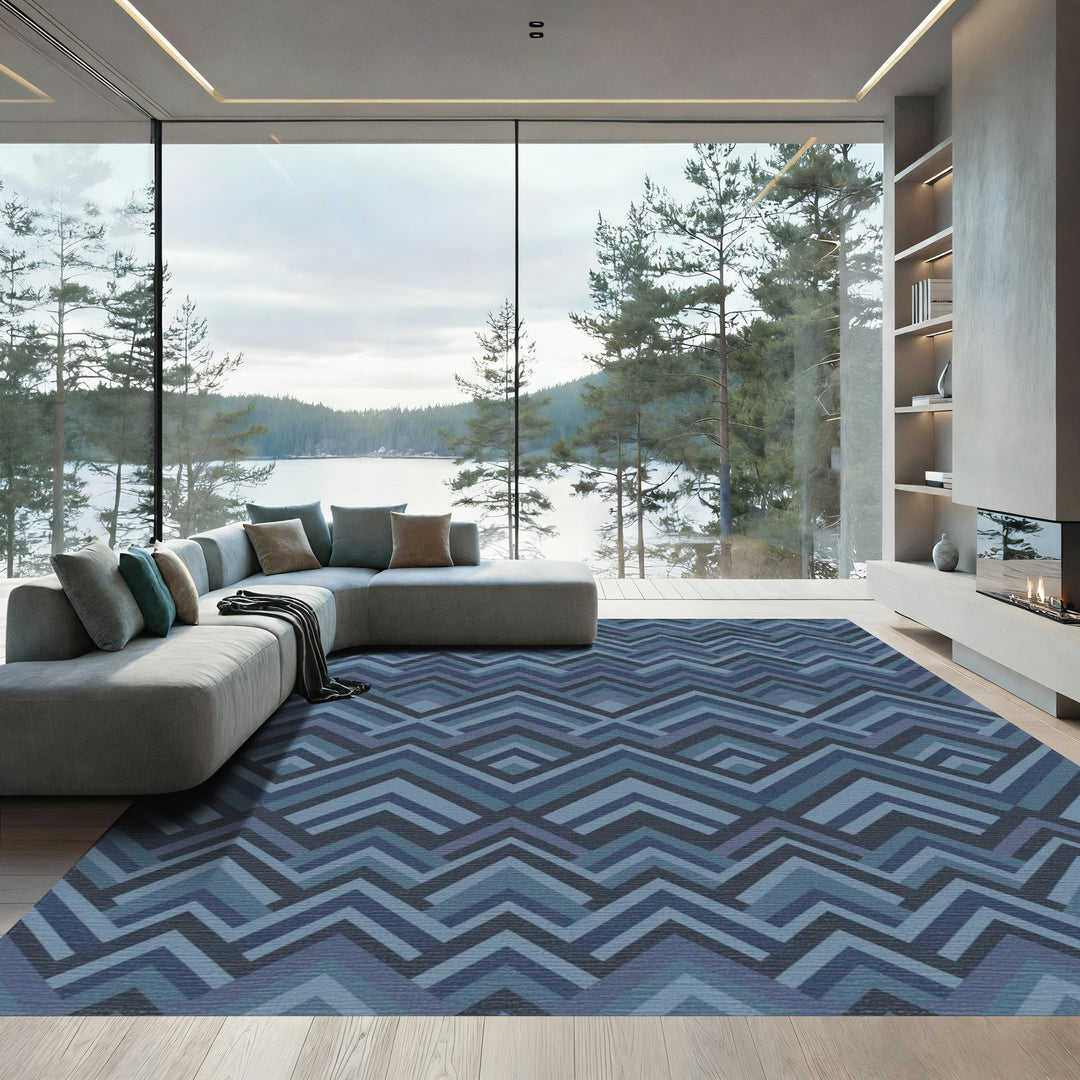 Navy Blue Layered Chevron Mountains Rug