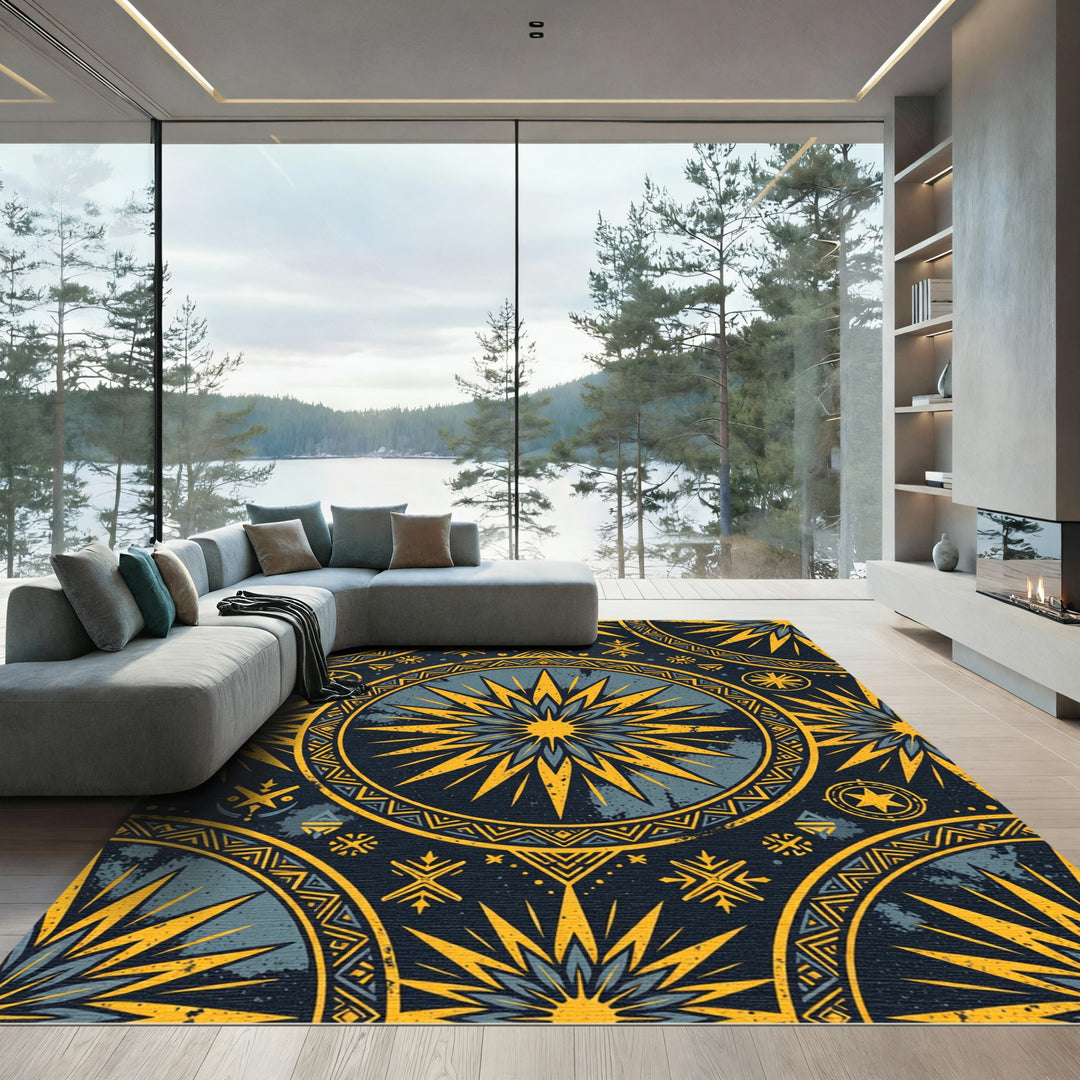 Golden Sunburst Circle Medallion Rug