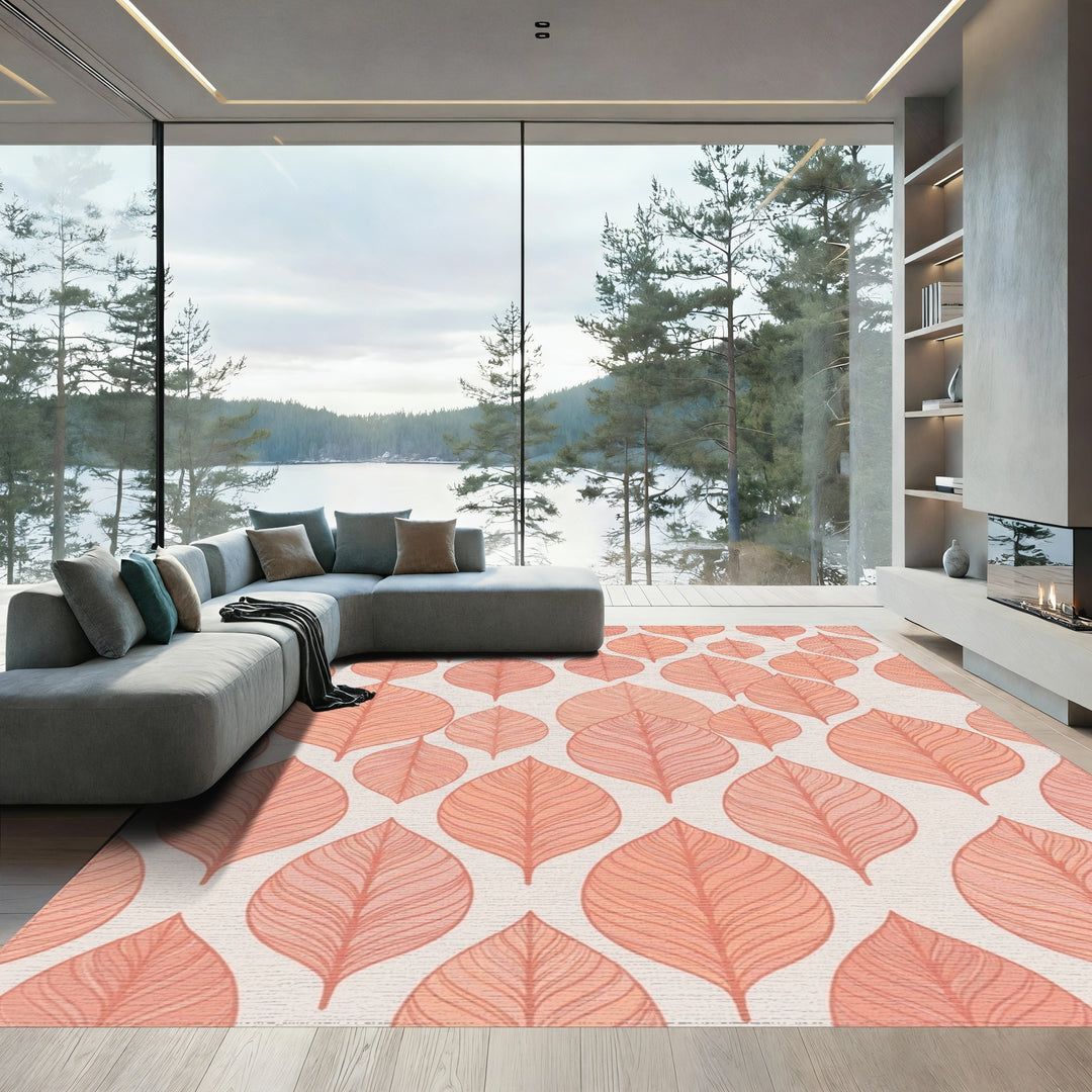 Terracotta Leaf Overlay Repeating Pattern Rug