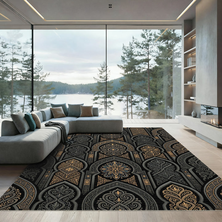 Dark Gold Arabesque Archway Rug