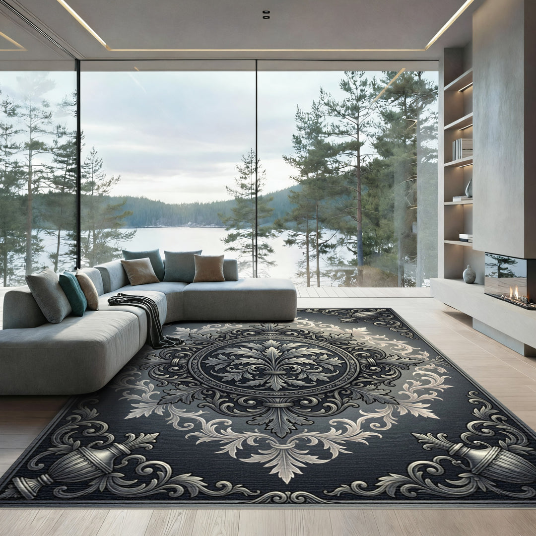 Opulent Silver Regal Flourish Rug