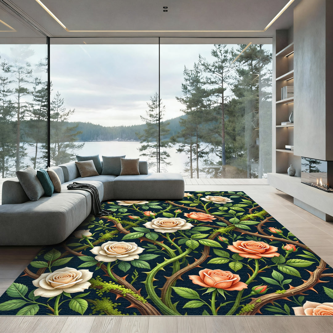 Cream Coral Rose Vine Floral Rug