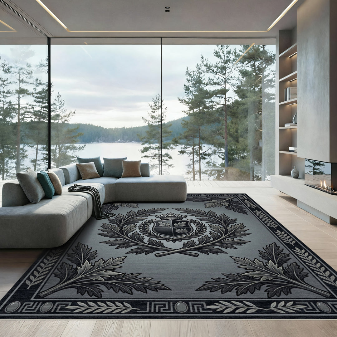 Ornate Gray Crest Laurel Wreath Rug