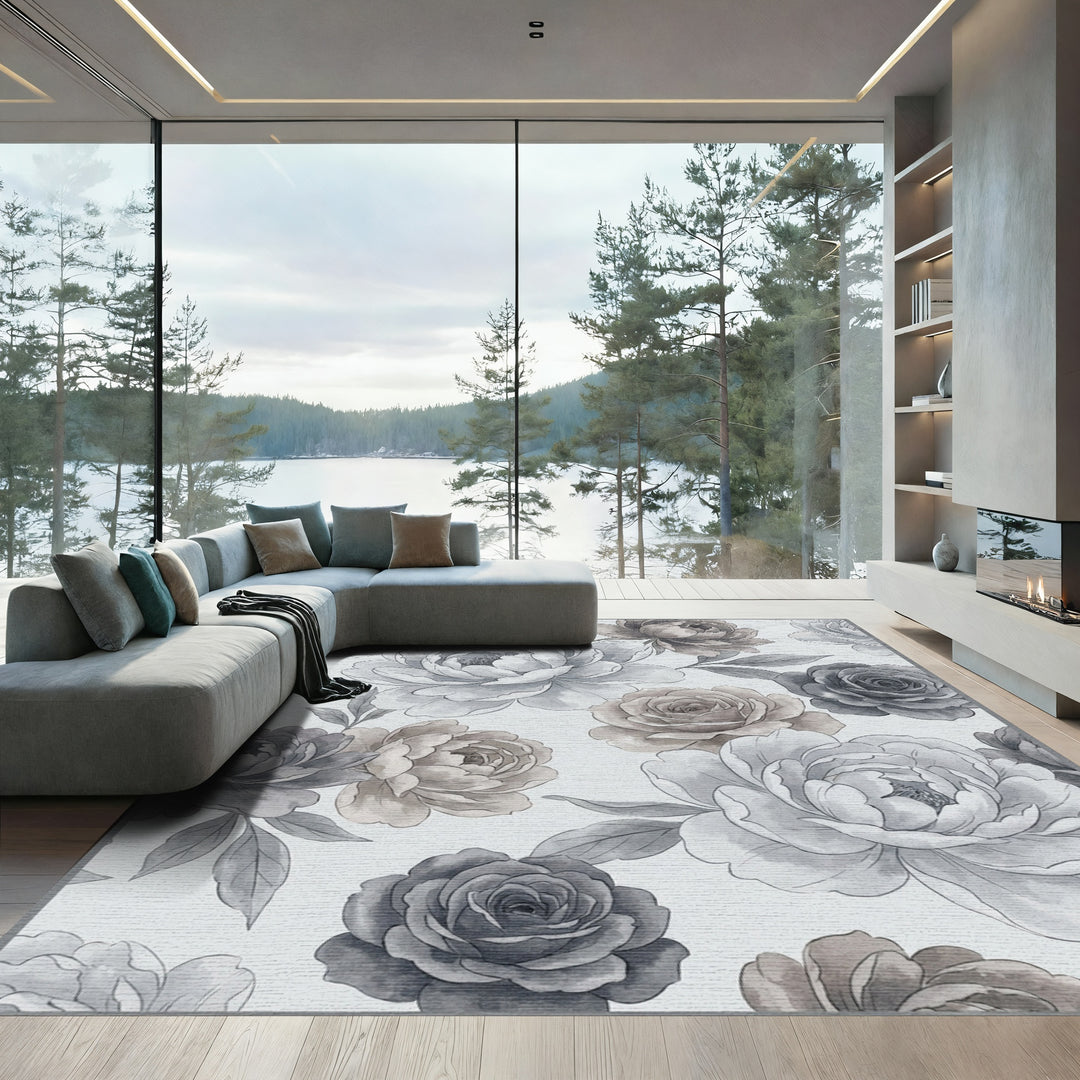 Vintage Gray Floral Peony Bloom Rug