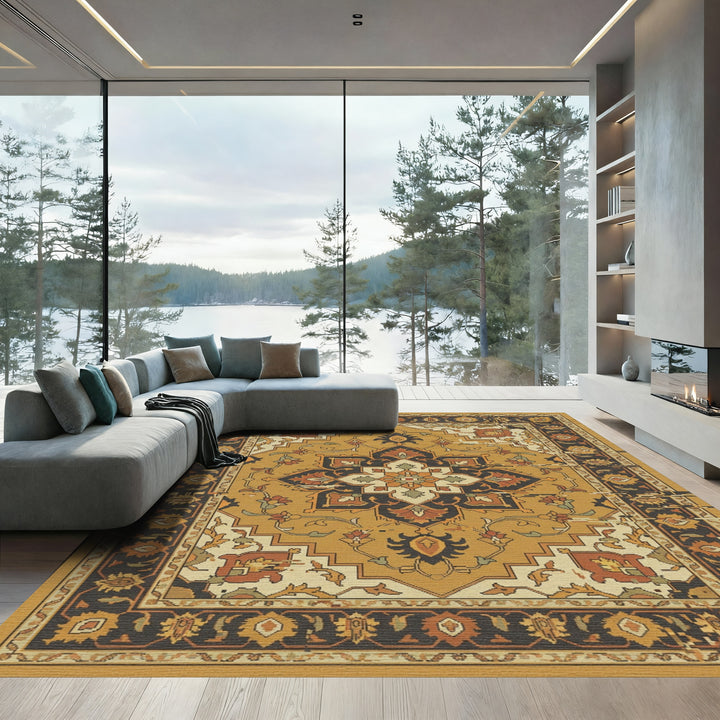 Golden Ochre Floral Medallion Border Rug