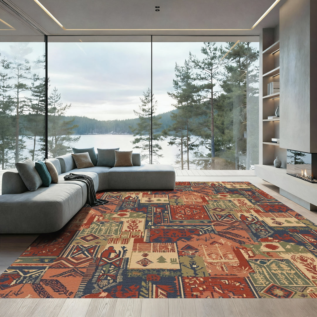 Terracotta Navy Earthy Patchwork Medallion Rug