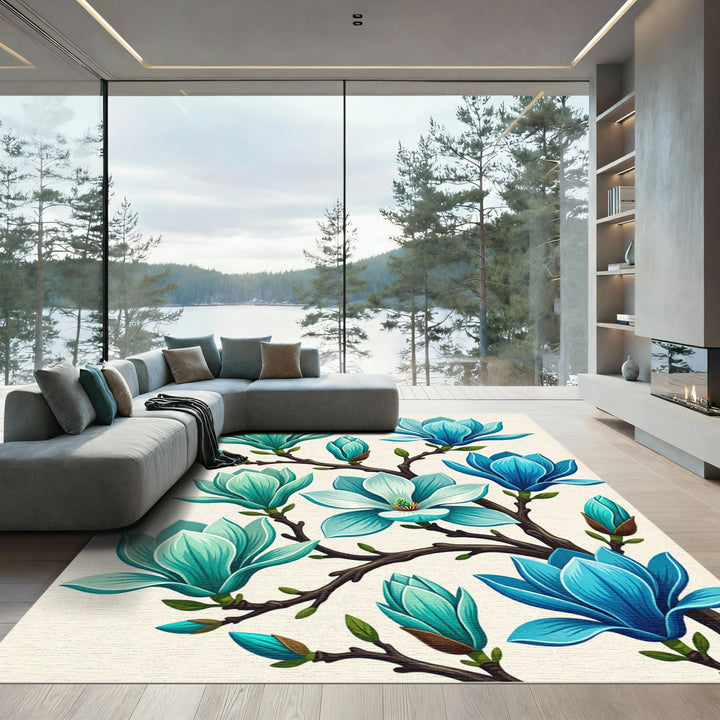 Turquoise Blue Magnolia Blossom Branch Rug
