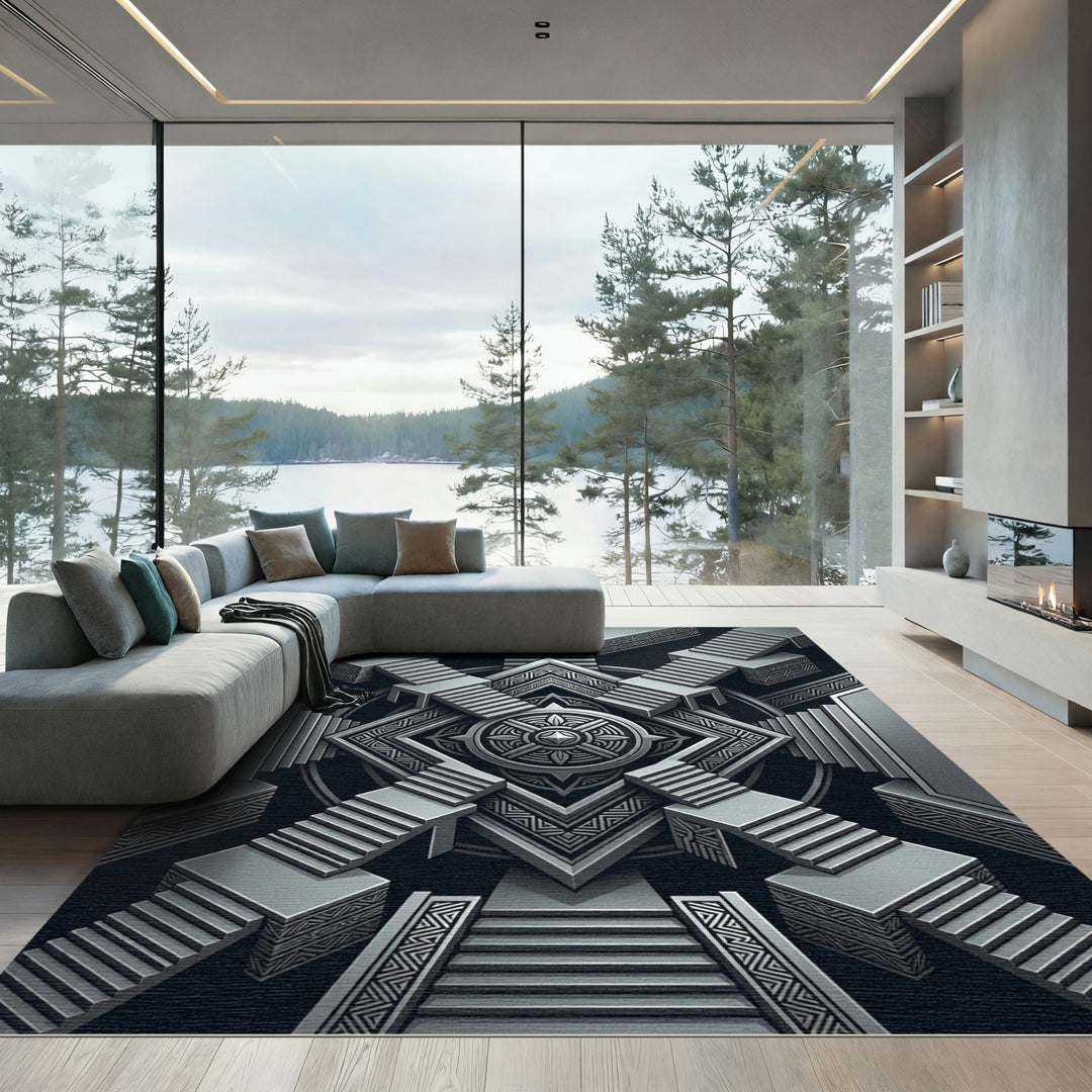 Art Deco Silver Geometric Stairway Rug