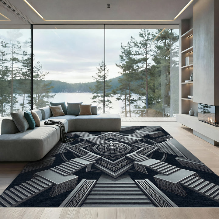 Art Deco Silver Geometric Stairway Rug