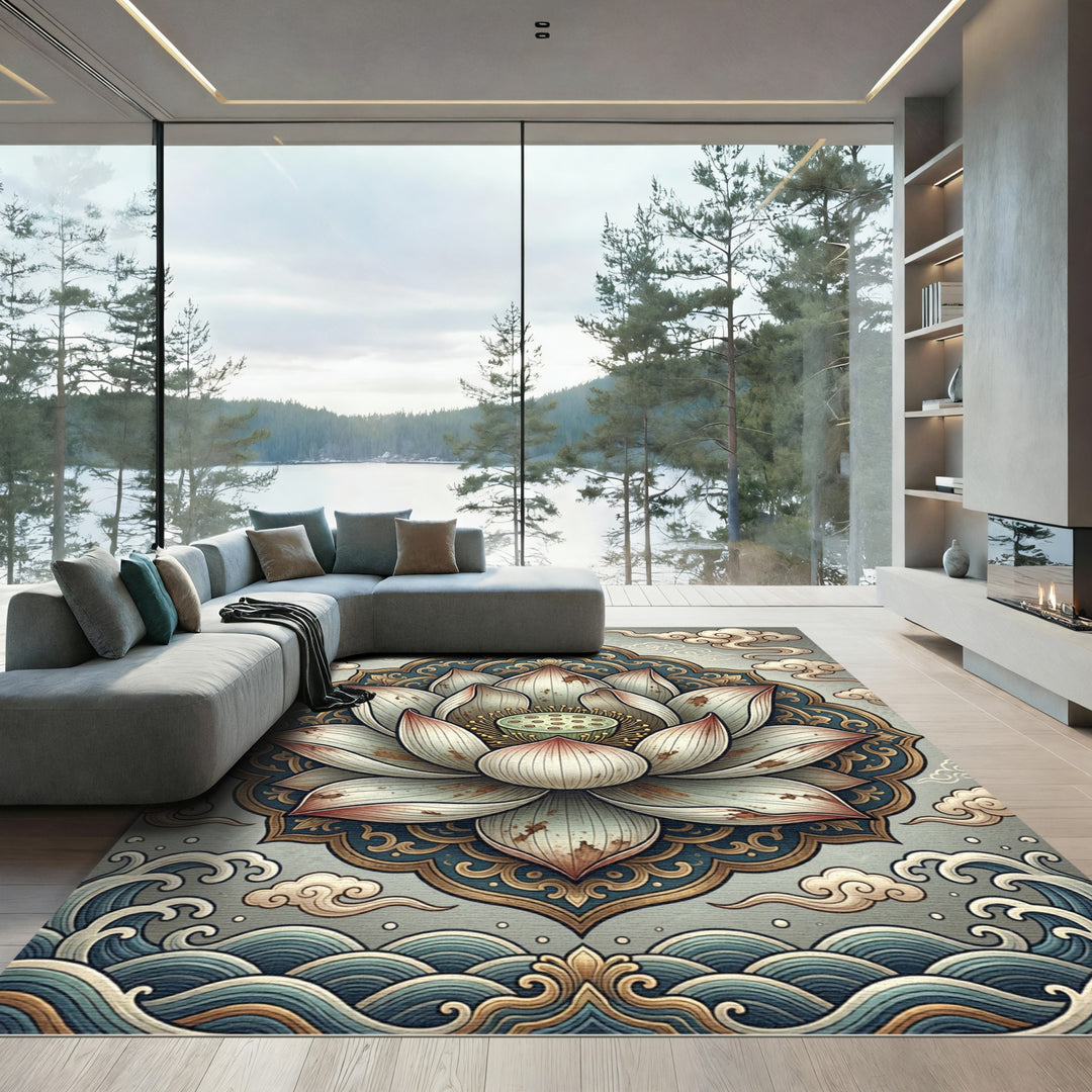 Serene Teal Lotus Mandala Rug