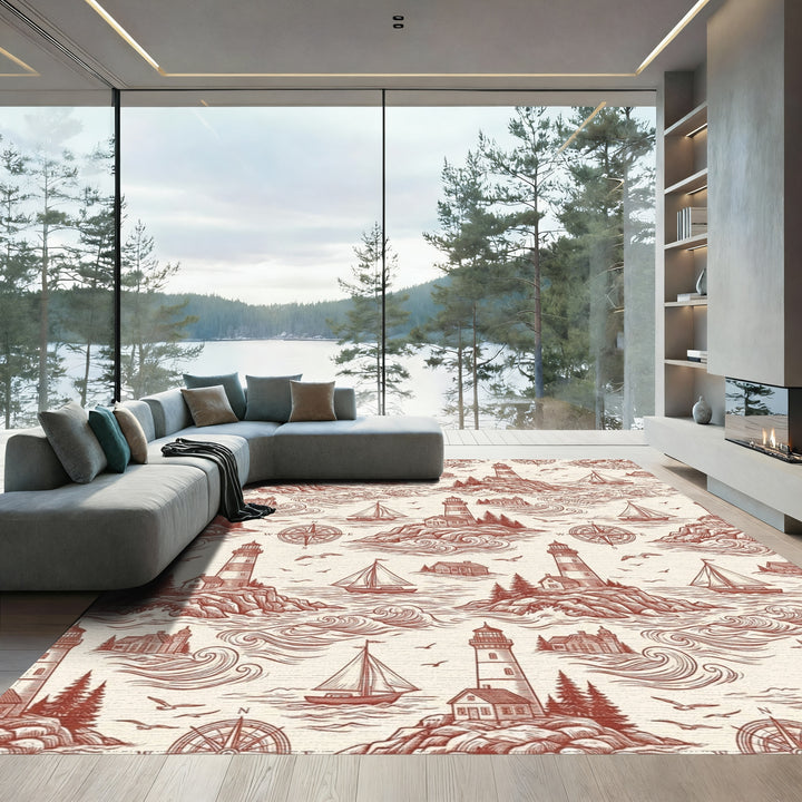Nautical Red Lighthouse Sailboat Seascape Rug