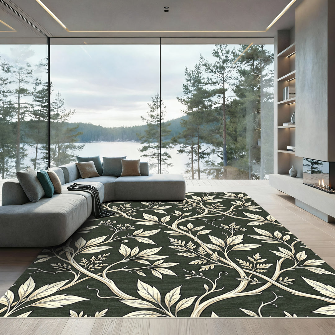 Light Beige Leafy Vines Dark Green Rug
