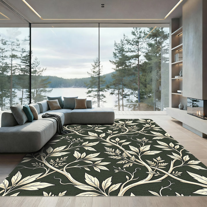 Light Beige Leafy Vines Dark Green Rug