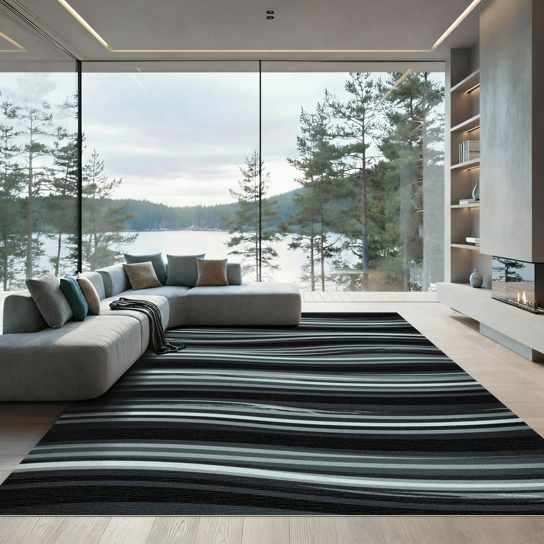 Grayscale Wavy Line Texture Area Rug