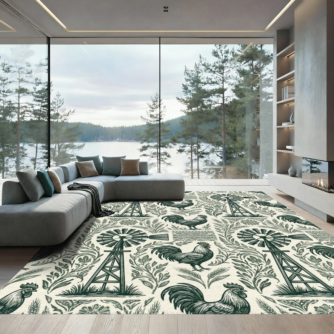 Farmhouse Windmill Rooster Garden Folk Art Rug