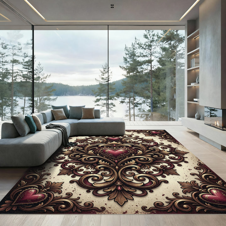 Ornate Heart Scrollwork Rug