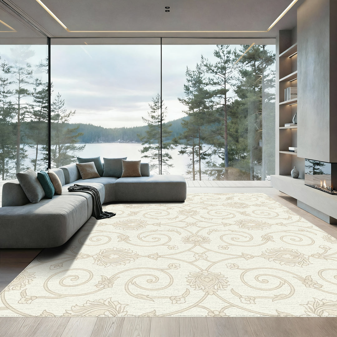 Cream Beige Scrolling Floral Vine Rug