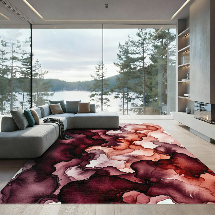 Crimson Ink Wash Abstract Rug