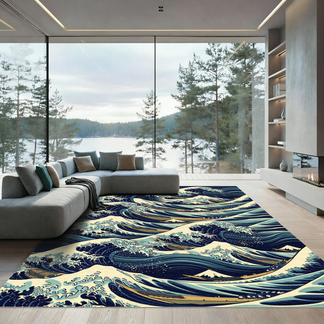 Great Blue Ocean Wave Boats Rug