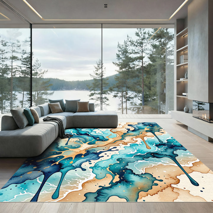 Ocean Splash Watercolor Abstract Rug