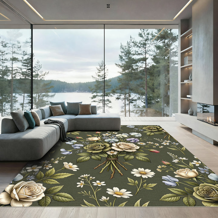 Vintage Cream Rose Botanical Garden Rug