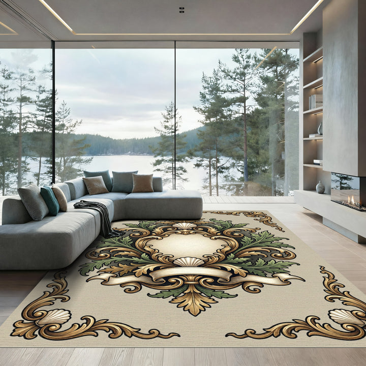 Ornate Gold Green Seashell Emblem Rug