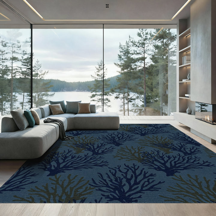 Navy Blue Coral Branch Arrangement Rug