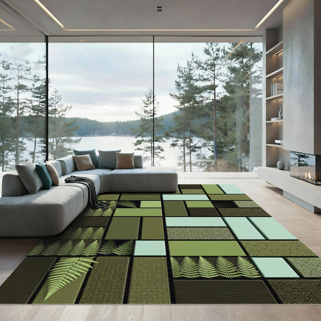 Verdant Fern Forest Geometric Mosaic Rug