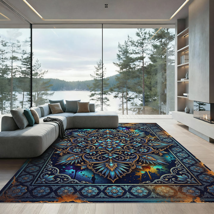 Luxe Blue Gold Floral Mandala Splash Rug