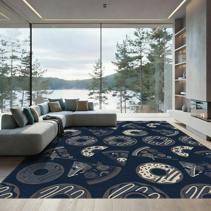 Dark Blue Pizza Donut Repeat Rug