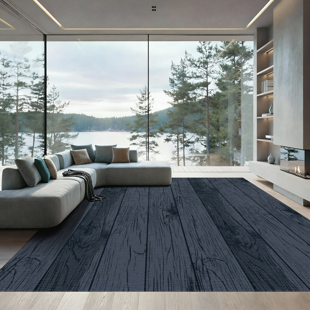 Dark Navy Wood Grain Texture Rug