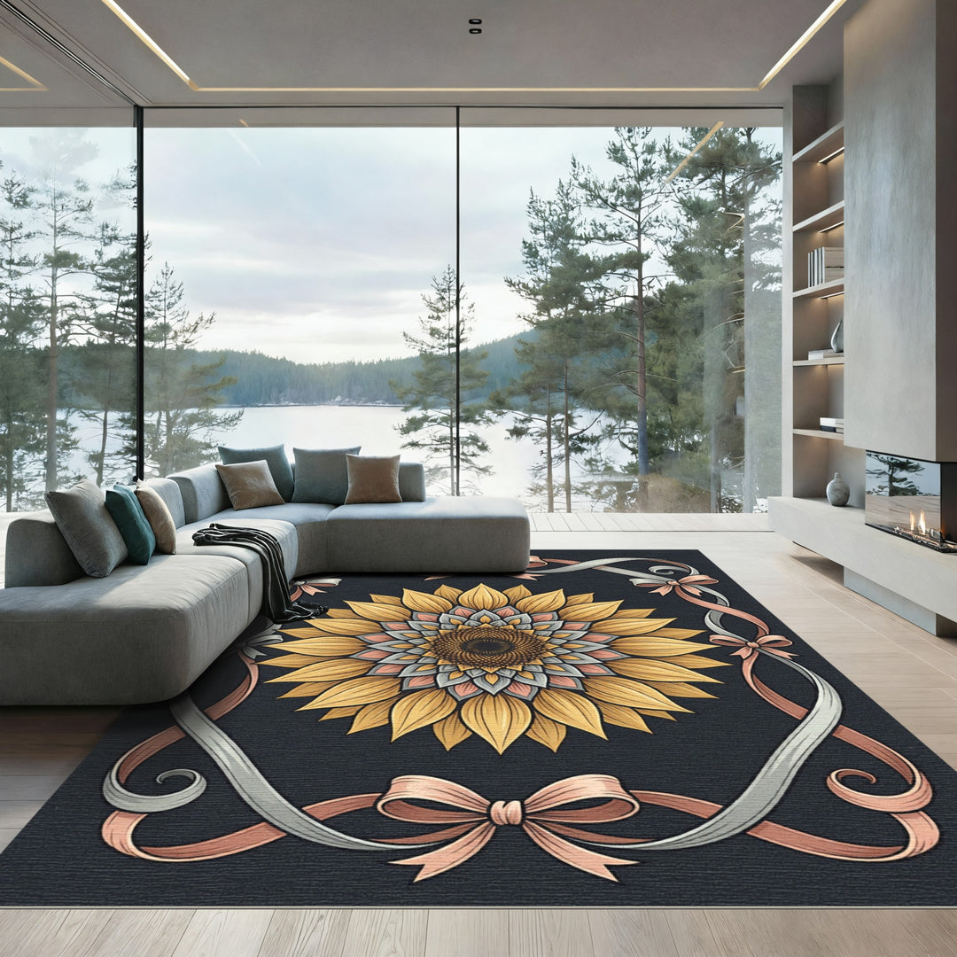 Golden Yellow Sunflower Ribbon Frame Rug