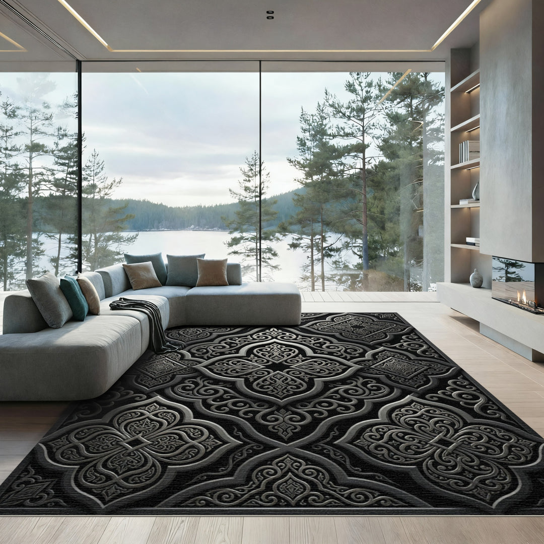 Elegant Silver Arabesque Scroll Rug