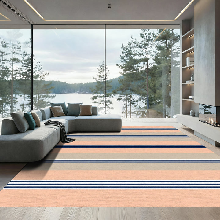Coral Beige Navy Stripe Rug