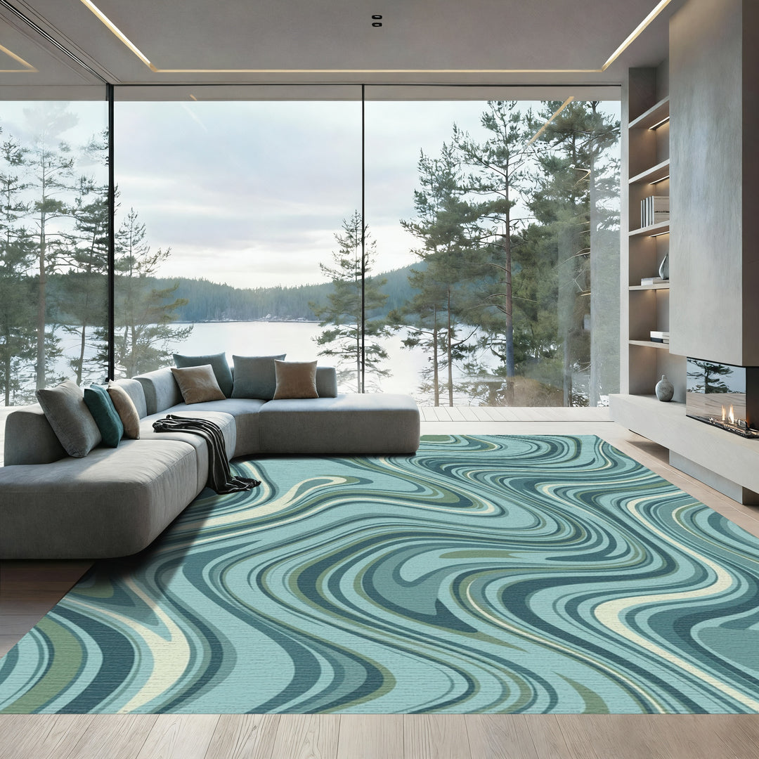 Earthy Teal Swirl Marble Rug
