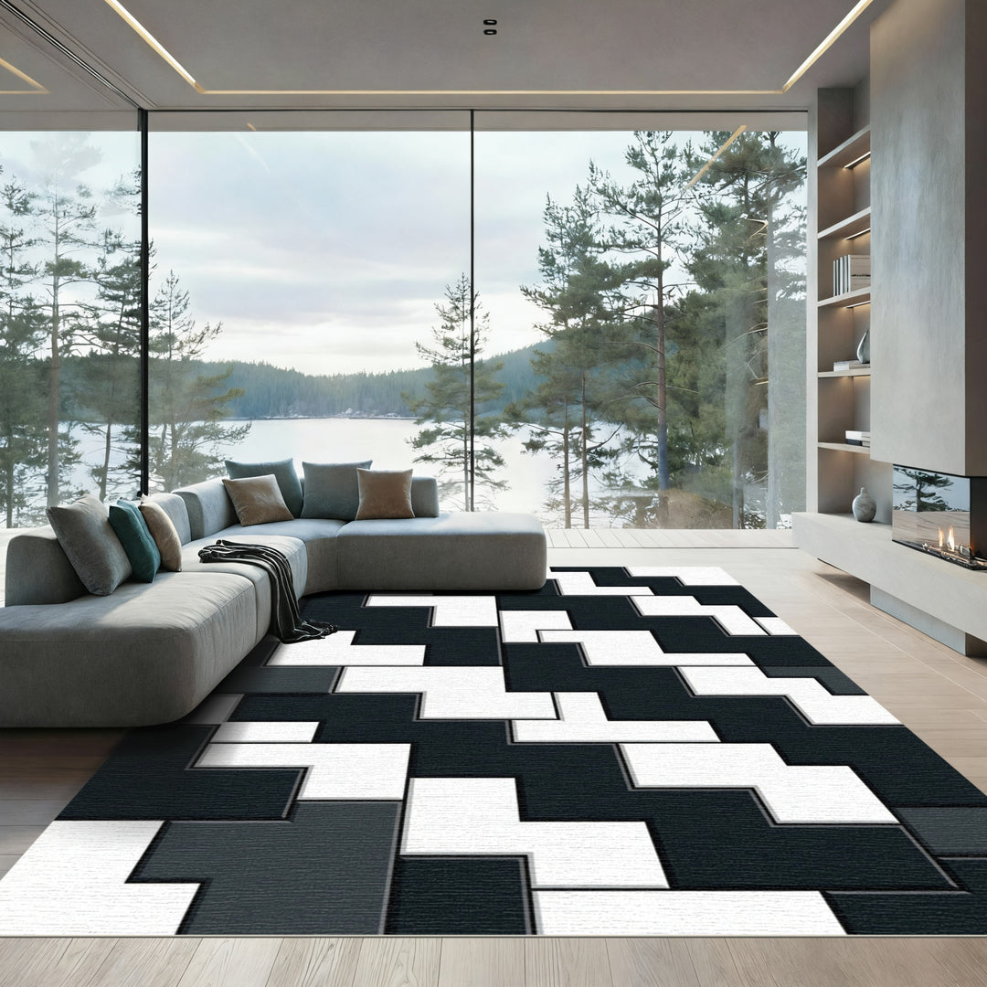 Modern Black White Geometric Puzzle Rug