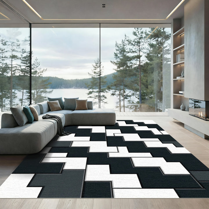 Modern Black White Geometric Puzzle Rug