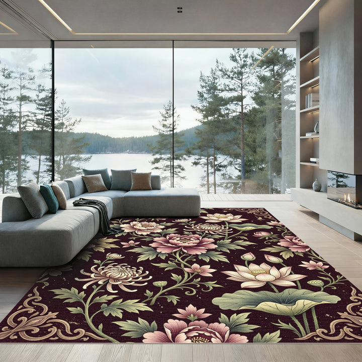 Classic Pink Lotus Peony Floral Rug