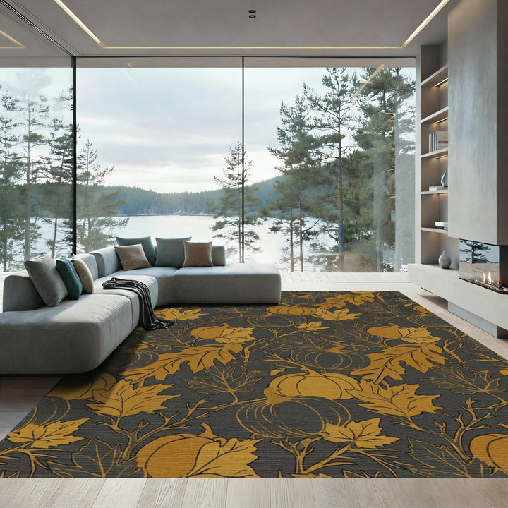 Golden Pumpkin Leaf Autumn Overlay Rug