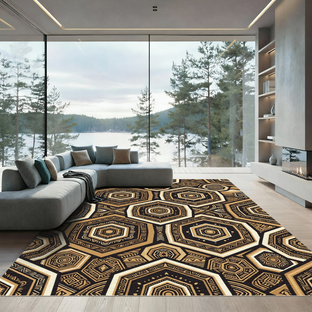 Golden Tribal Hexagon Geometric Rug
